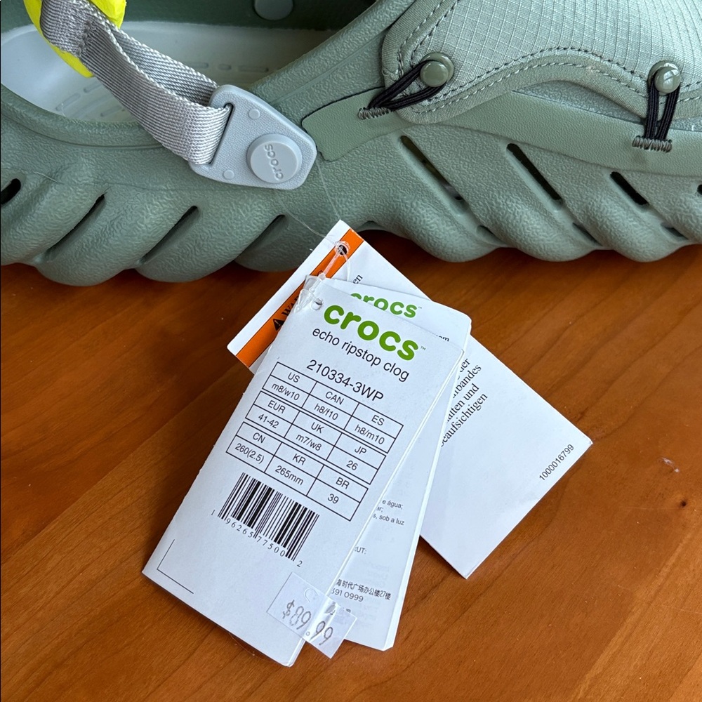 CROCS Echo Ripstop Moss Green Clog with Neon Yellow Heel Strap M8 W10 - Picture 10 of 10